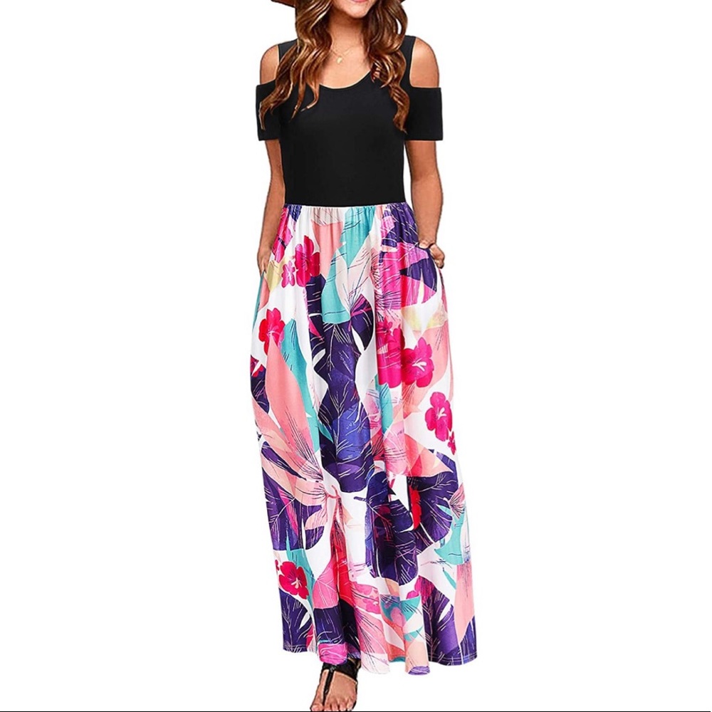 Cold Shoulder Floral Casual Long Maxi Dress Pocket - Picture 7 of 10